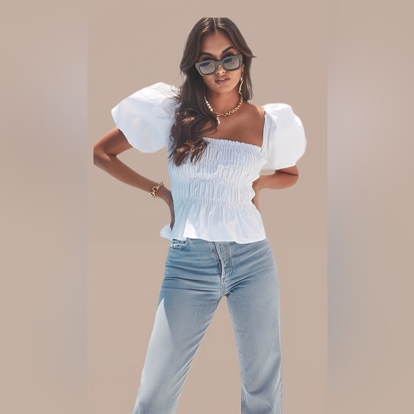Astr Tops - ASTR the Label Savina Puff Sleeve White Peplum Top - Size M